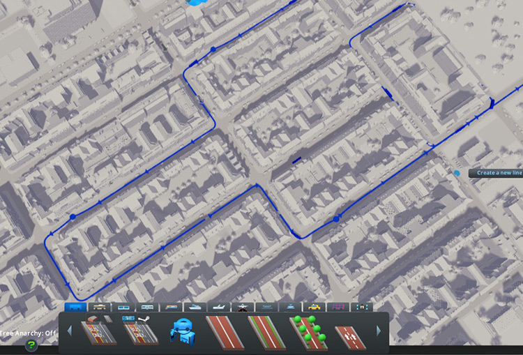 A bus line with frequent stops along local streets / Cities: Skylines