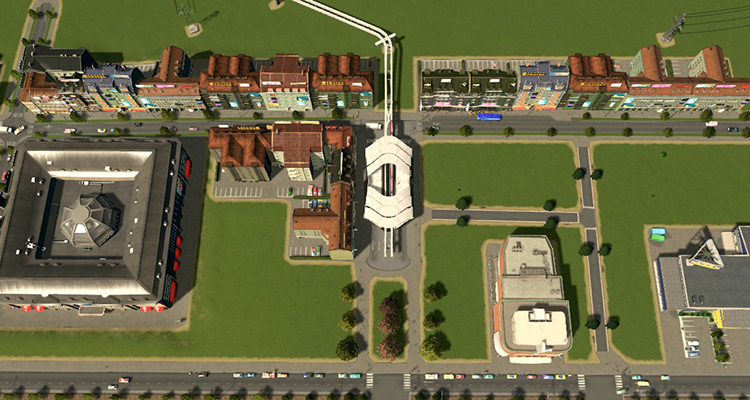 This monorail station is a very short walk away from unique buildings and commercial buildings / Cities: Skylines
