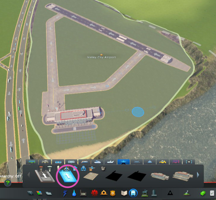 Taxiways connect the small aircraft stand to the runway / Cities: Skylines