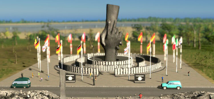 The Disaster Memorial in front of natural disaster rubble (Cities: Skylines)