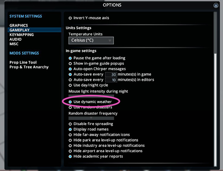 Dynamic weather can be toggled on or off in the in-game options menu under Gameplay / Cities: Skylines