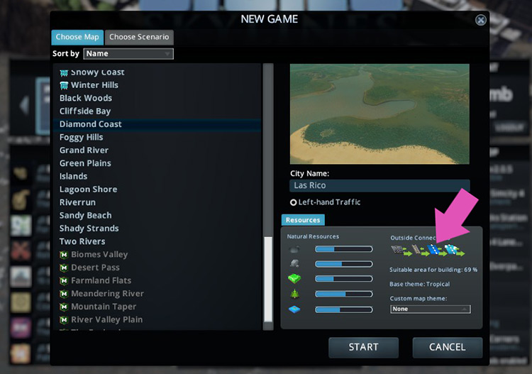 On the New Game screen, you’ll be able to check whether or not a map has a ship connection / Cities: Skylines