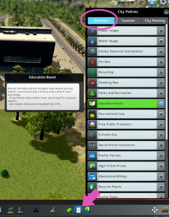 The Education Boost policy in the Services tab of the Policies panel. / Cities: Skylines