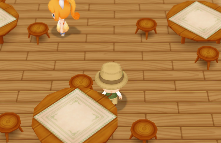 Basil sits inside the Inn. / Story of Seasons: Friends of Mineral Town