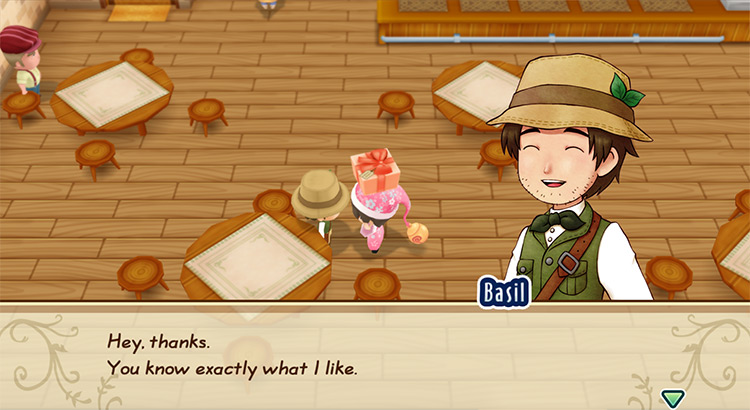 Basil’s response when the farmer gives him a loved gift. / Story of Seasons: Friends of Mineral Town