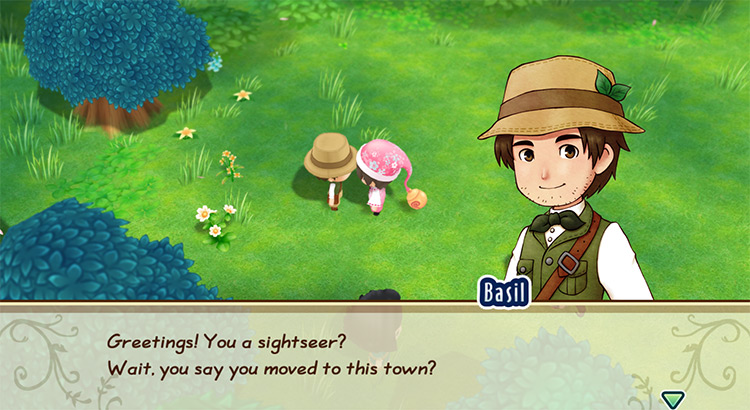 The farmer talks to Basil during their first interaction. / Story of Seasons: Friends of Mineral Town