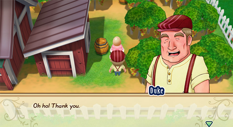 Duke’s response when the farmer gives him a loved gift. / Story of Seasons: Friends of Mineral Town
