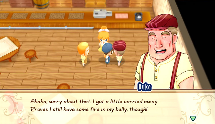 Duke apologizes to the farmer after the argument with Dudley in the Inn. Source / Story of Seasons: Friends of Mineral Town