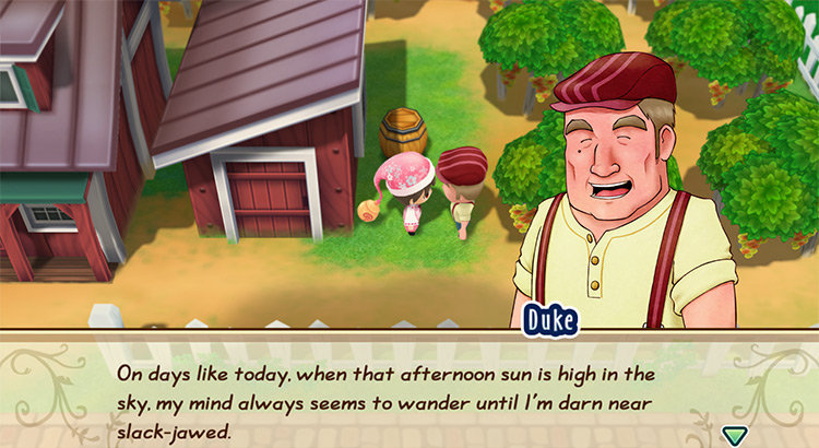 Duke interacts with the farmer / Story of Seasons: Friends of Mineral Town