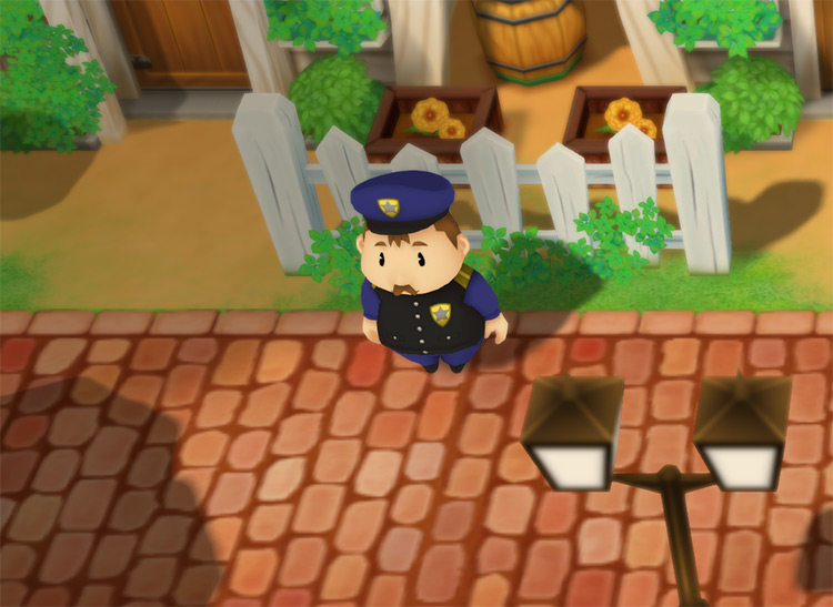 Harris stands outside the Mayor’s House. / Story of Seasons: Friends of Mineral Town