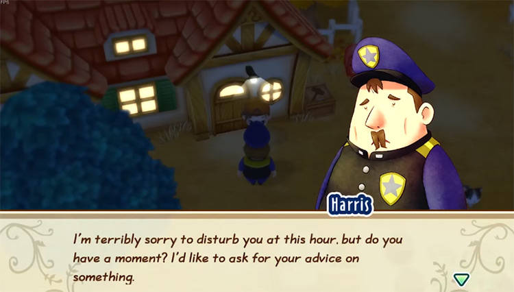 Harris visits the farmhouse at night. Source / Story of Seasons: Friends of Mineral Town