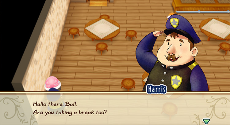 Harris interacts with the farmer inside the inn. / Story of Seasons: Friends of Mineral Town