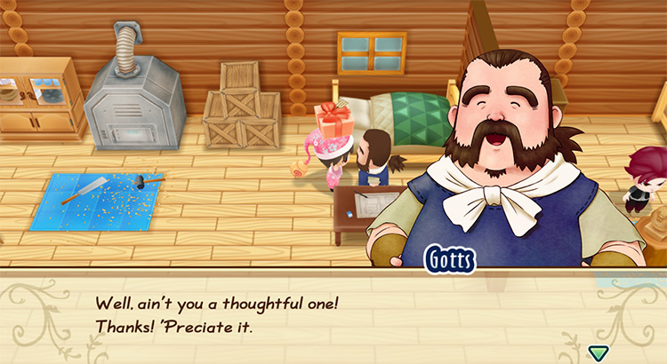 Gotts’s response when the farmer gives him a loved gift. / Story of Seasons: Friends of Mineral Town