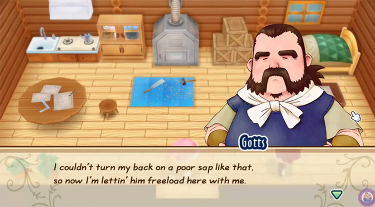 Gotts tells the farmer about the time they saved Brandon in the forest. Source / Story of Seasons: Friends of Mineral Town