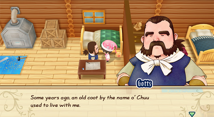 Gotts with the farmer in his workshop. / Story of Seasons: Friends of Mineral Town