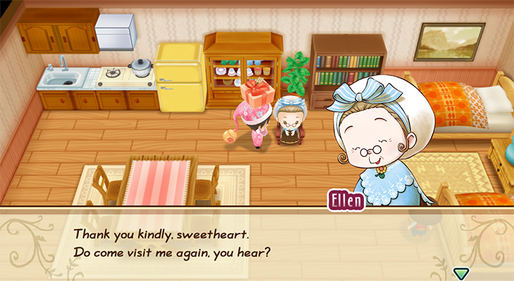 Ellen’s response when the farmer gives her a loved gift. / Story of Seasons: Friends of Mineral Town