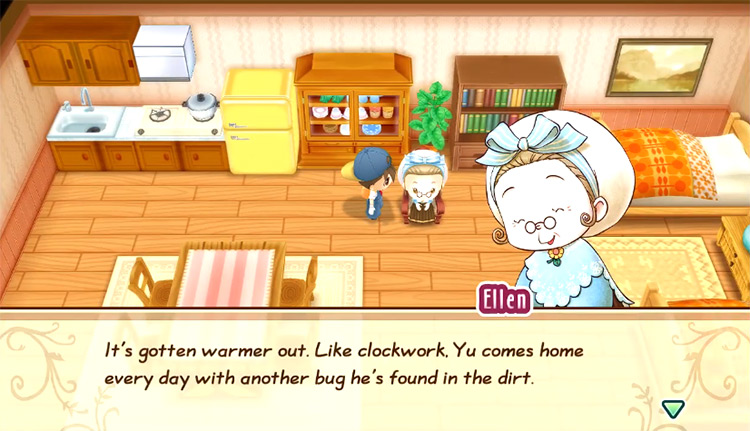 Ellen talks about Yu in a conversation with the farmer. Source / Story of Seasons: Friends of Mineral Town