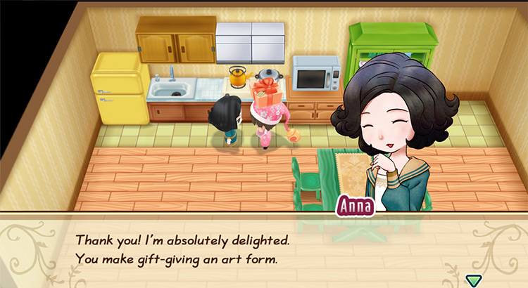 Anna’s response when the farmer gives her a loved gift. / Story of Seasons: Friends of Mineral Town