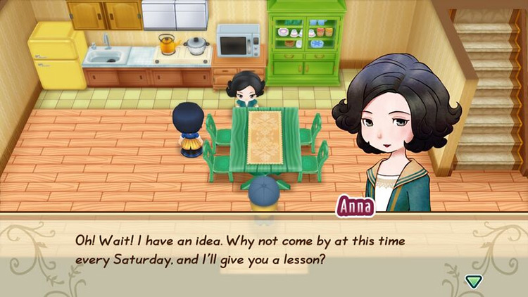 Anna invites the player to join her cooking lesson. / Story of Seasons: Friends of Mineral Town