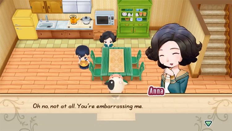 The farmer interacts with Anna during her confectioneries class. Source / Story of Seasons: Friends of Mineral Town