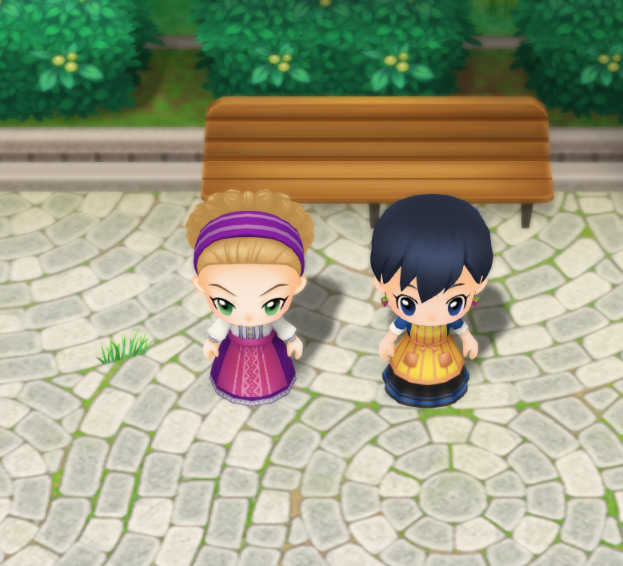 Manna gossips with Sasha in Rose Plaza. / Story of Seasons: Friends of Mineral Town