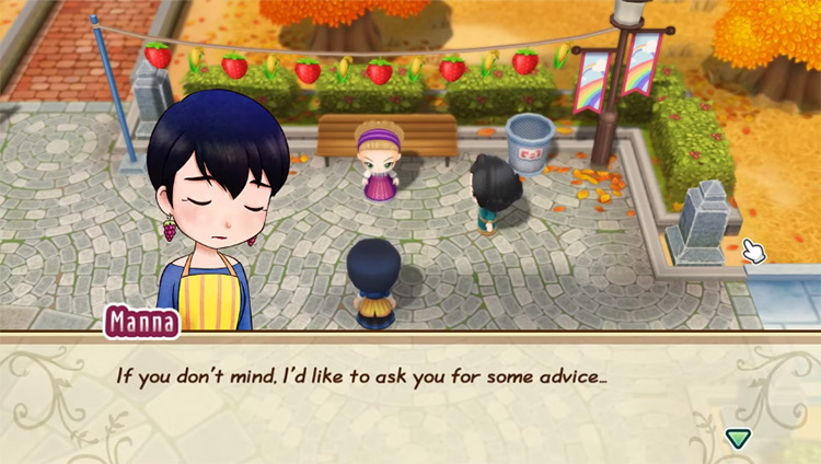 Manna asks Anna and Sasha for advice about her daughter Adge in Rose Plaza. Source / Story of Seasons: Friends of Mineral Town