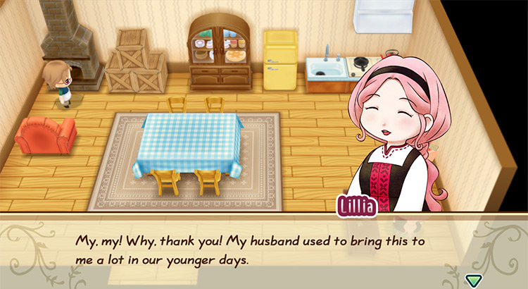 Lillia’s response when the farmer gives her a loved gift / Story of Seasons: Friends of Mineral Town