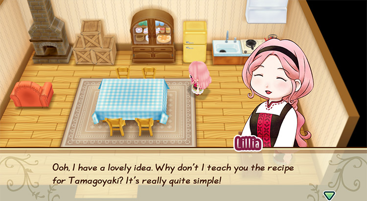 Lillia offers to teach the farmer the recipe for Tamagoyaki. / Story of Seasons: Friends of Mineral Town