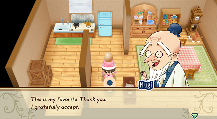 Mugi’s response when the farmer gives him a loved gift. / Story of Seasons: Friends of Mineral Town