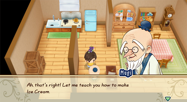 Mugi offers to teach the farmer the recipe for Ice Cream. / Story of Seasons: Friends of Mineral Town