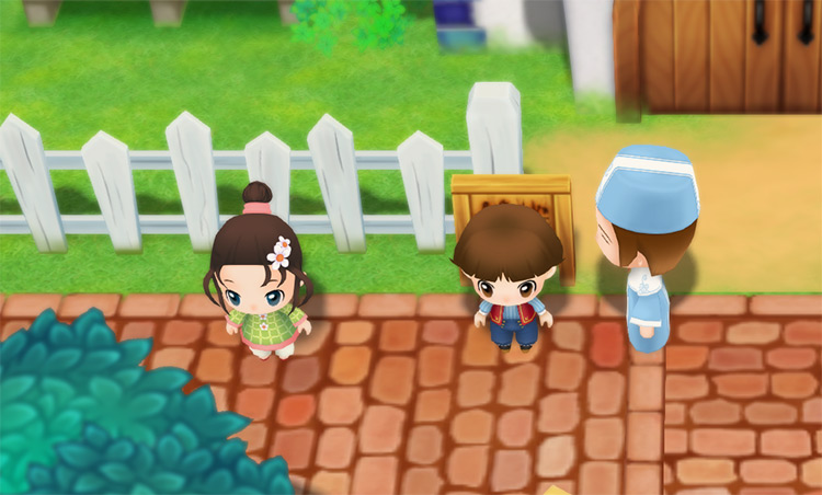 Mei stands outside the Church with Yu and Carter. / Story of Seasons: Friends of Mineral Town