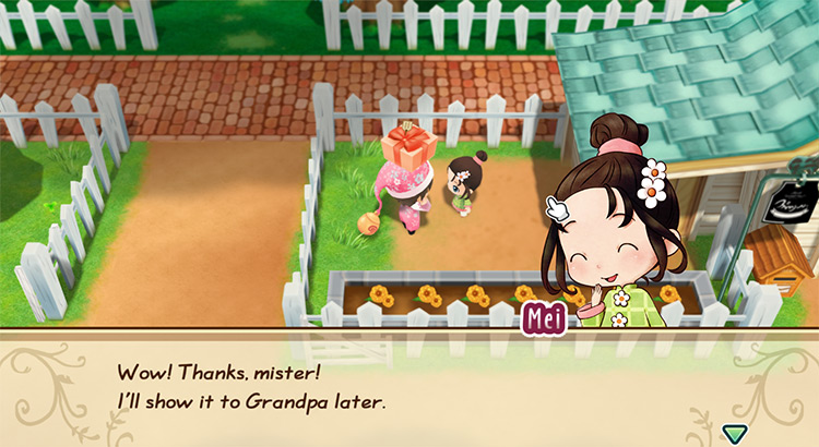 Mei’s response when the farmer gives her a loved gift. / Story of Seasons: Friends of Mineral Town