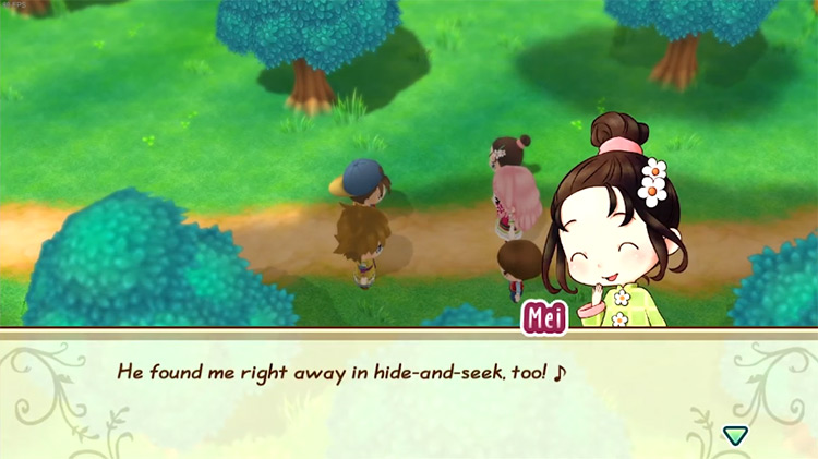 Mei plays in a random event with the farmer, Yu, Cliff, and Popuri. Source / Story of Seasons: Friends of Mineral Town