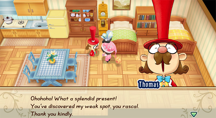 Mayor Thomas’ response when the farmer gives him a loved gift. / Story of Seasons: Friends of Mineral Town