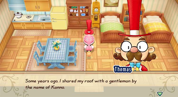 The farmer talks to Mayor Thomas inside his house. / Story of Seasons: Friends of Mineral Town