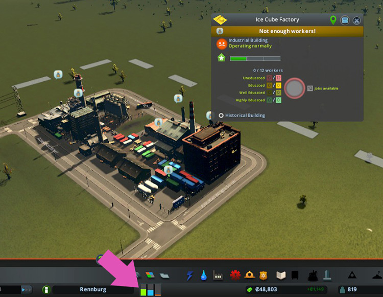 Generic industry buildings complaining about a lack of workers, while the demand bars indicate demand for residential zoning. / Cities: Skylines