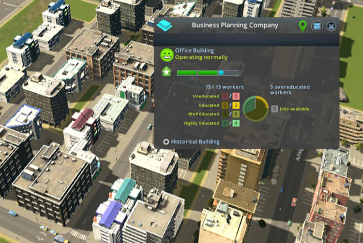 This office building requires educated, well-educated, and highly educated workers. / Cities: Skylines