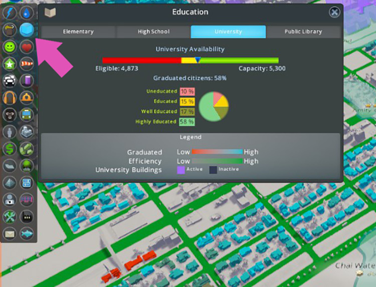 You can check your city-wide capacity for each education level by opening the Education info view. / Cities: Skylines