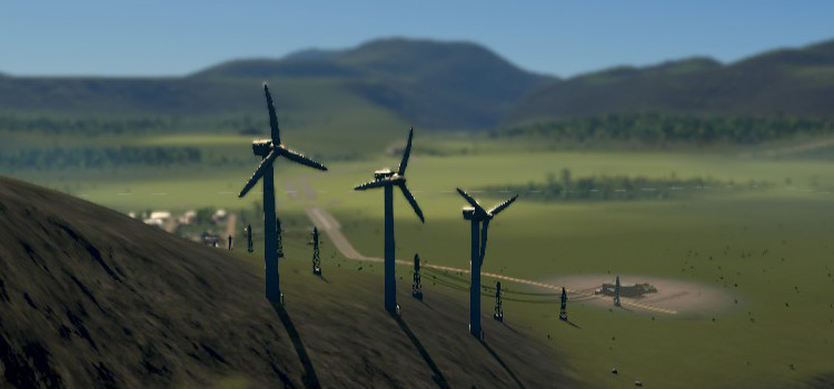 Three wind turbines on a hill in Cities: Skylines
