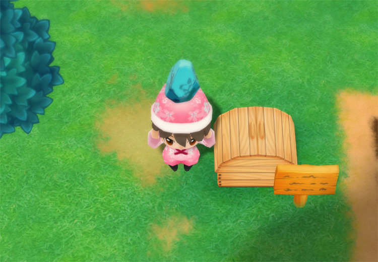 The farmer drops a Turquoise into the Shipping Bin. / Story of Seasons: Friends of Mineral Town