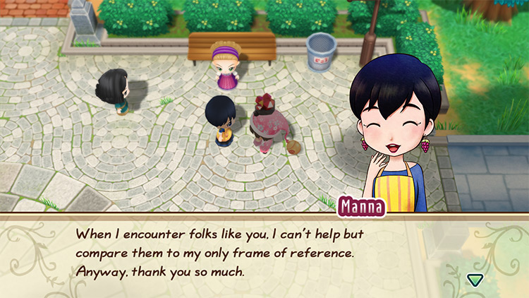 The farmer gives Manna a Garnet. / Story of Seasons: Friends of Mineral Town