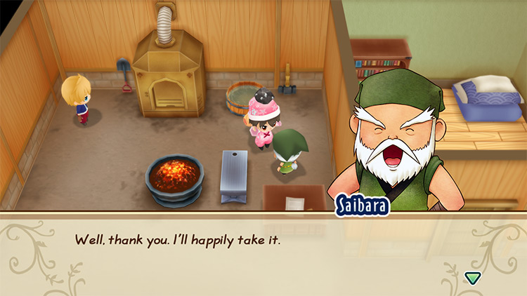 The farmer gives Saibara Silver ore. / Story of Seasons: Friends of Mineral Town
