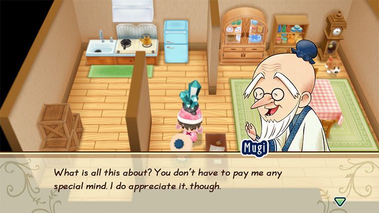 The farmer gives Mugi Mithril ore. / Story of Seasons: Friends of Mineral Town