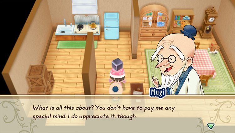 The farmer gives Mugi Adamantite. / Story of Seasons: Friends of Mineral Town