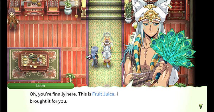 Leon offering Frey a post-bath drink / Rune Factory 4