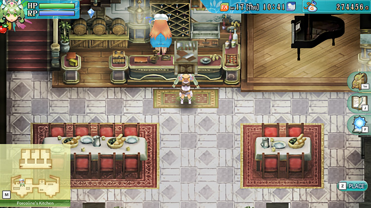 Frey holding up a knife station purchased from Porcoline / Rune Factory 4