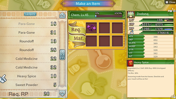 The Heavy Spice recipe under the chemistry station menu / Rune Factory 4