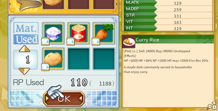 Recipe for Curry Rice in the cooking pot menu / Rune Factory 4