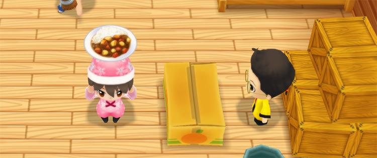 The farmer stands in front of Huang’s counter while holding Curry Rice. / Story of Seasons: Friends of Mineral Town