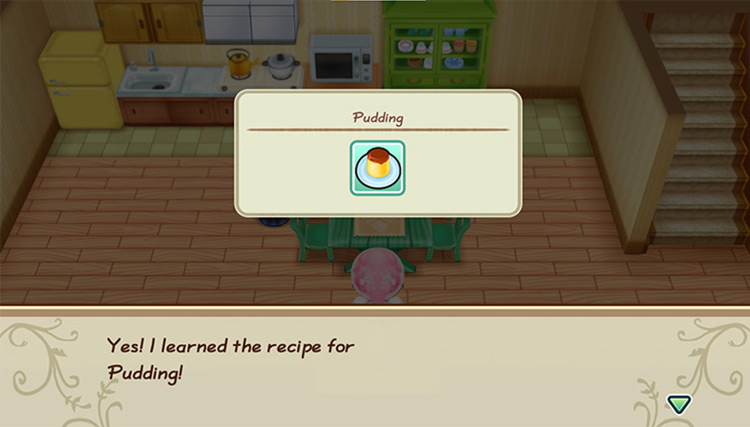 Anna teaches the farmer how to make Pudding. / Story of Seasons: Friends of Mineral Town
